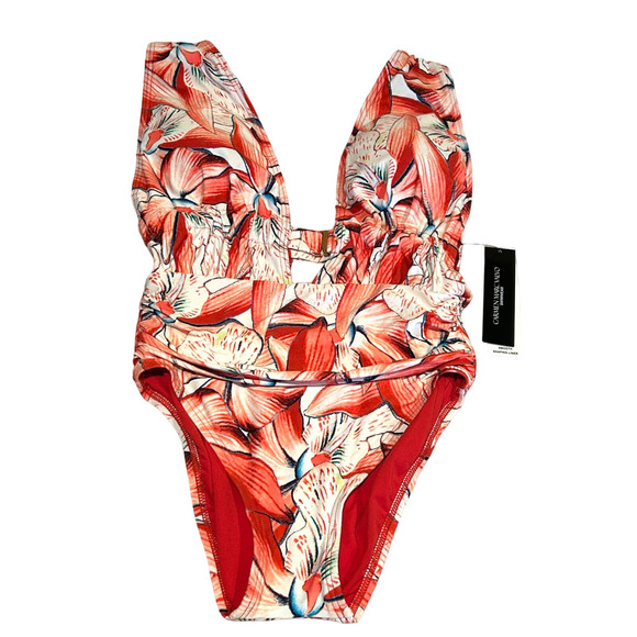 CARMEN MARC VALVO Printed Plunge-Neck Ruched One-Piece Swimsuit NWT 6 - Picture 2 of 7